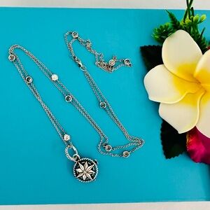 BRIGHTON ~ Long Necklace w/Crystals Silver Compass Pendant Blue Small Stone
